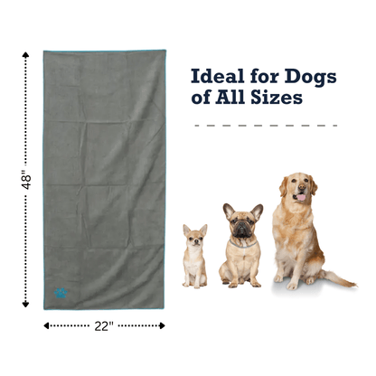 Large Gray Microfiber Dog Bath Towel with Teal Embroidered Paw Print - The Snag Bin
