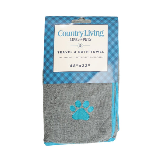 Large Gray Microfiber Dog Bath Towel with Teal Embroidered Paw Print - The Snag Bin