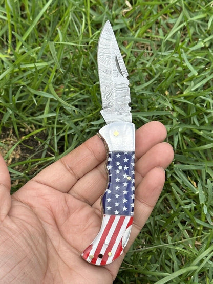 Lone Star 3 - Inch Damascus Pocket Knife – Custom Handmade with Bone Handle - The Snag Bin