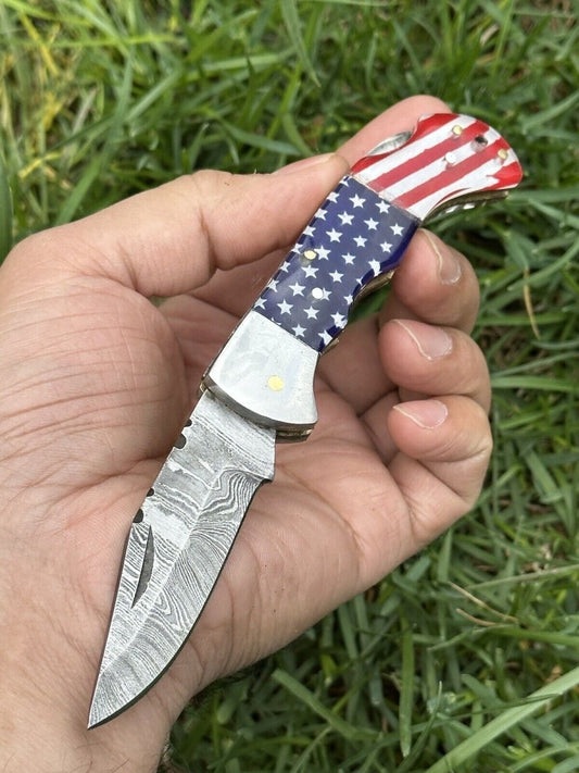 Lone Star 3 - Inch Damascus Pocket Knife – Custom Handmade with Bone Handle - The Snag Bin