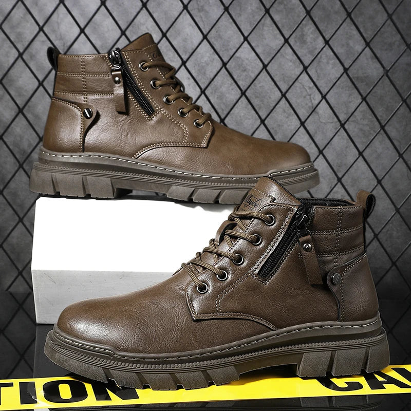 Men Retro Work Ankle Boots Autumn Winter Thick Bottom High Top Casual Boots Leather Boots Chelsea Desert Waterproof  Boots Male V.I.P Digital Presence   The Snag Bin