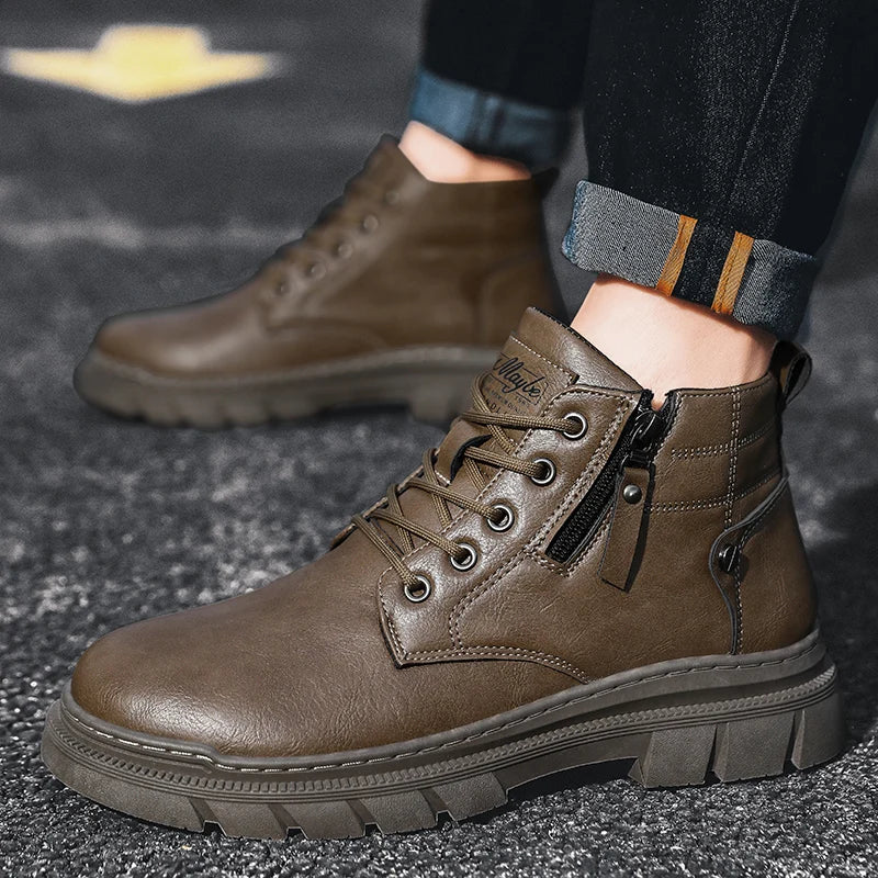 Men Retro Work Ankle Boots Autumn Winter Thick Bottom High Top Casual Boots Leather Boots Chelsea Desert Waterproof  Boots Male V.I.P Digital Presence   The Snag Bin