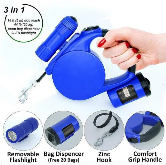 Nightwalk 4.5M Led Light And Waste Bag Dispenser Retractable Dog Leash - The Snag Bin