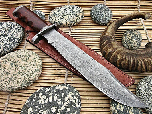 Original 17" Antique Damascus Steel Bowie Knife – Rosewood Handle & Damascus Steel Guard with Leather Sheath - The Snag Bin