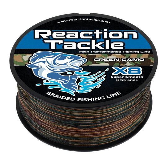 Reaction Tackle X8 Braided Fishing Line - Green Camo 8 Strand - The Snag Bin