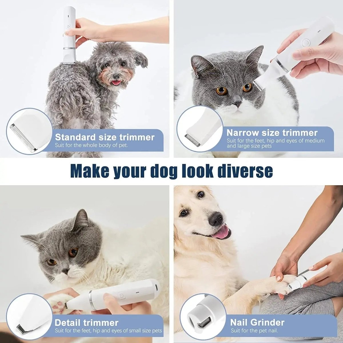 Rechargeable, Low Noise Dog Clippers with 4 Trimmer Heads - The Snag Bin
