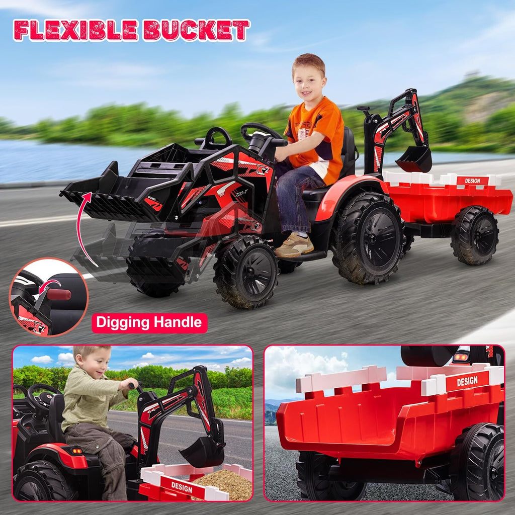 24V Electric Ride-On Tractor for Kids with Trailer, Excavator and Bulldozer Attachments