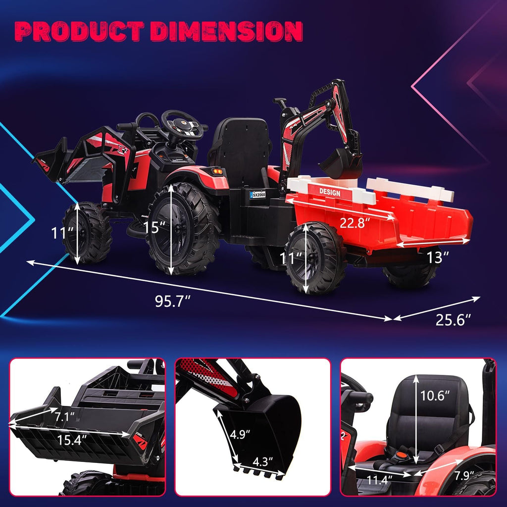 24V Electric Ride-On Tractor for Kids with Trailer, Excavator and Bulldozer Attachments