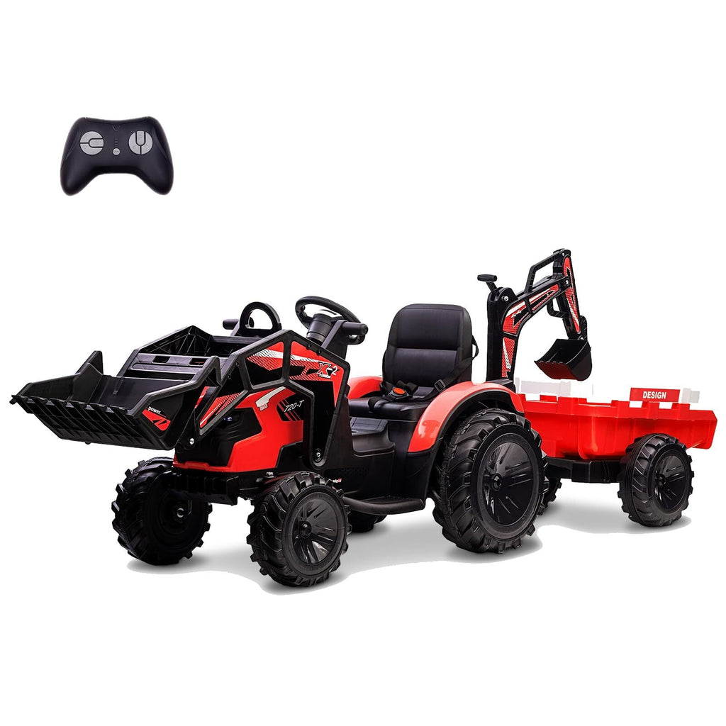 24V Electric Ride-On Tractor for Kids with Trailer, Excavator and Bulldozer Attachments