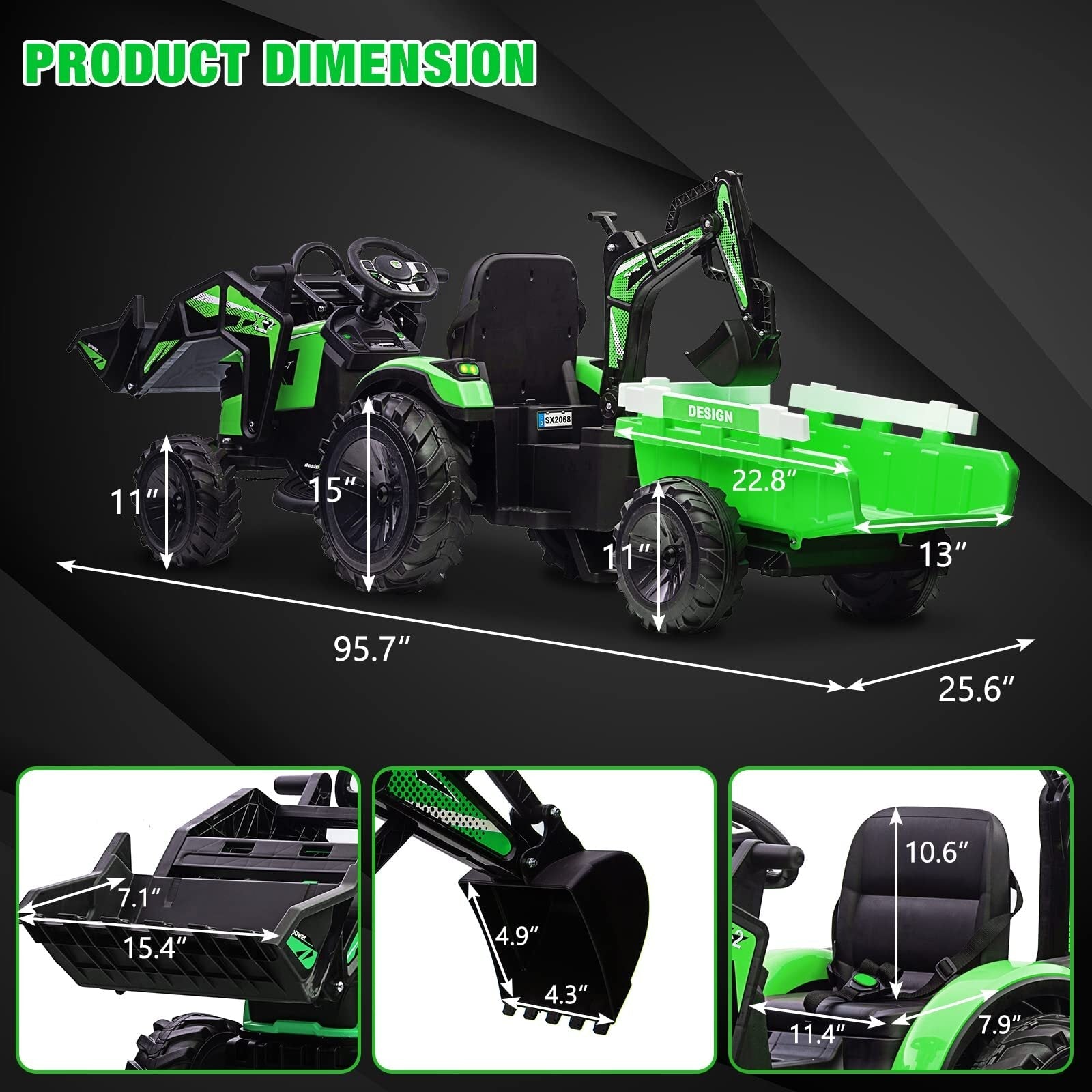 24V Electric Ride-On Tractor for Kids with Trailer, Excavator and Bulldozer Attachments