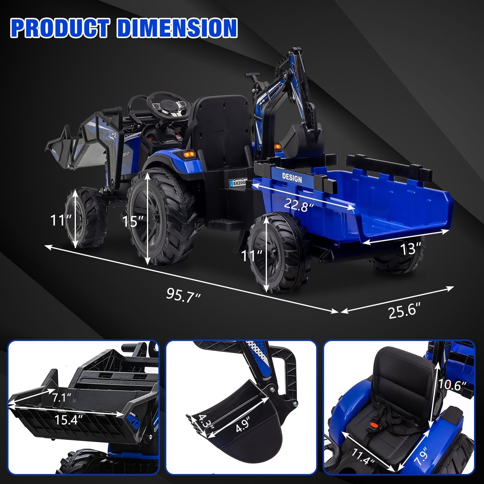 24V Electric Ride-On Tractor for Kids with Trailer, Excavator and Bulldozer Attachments