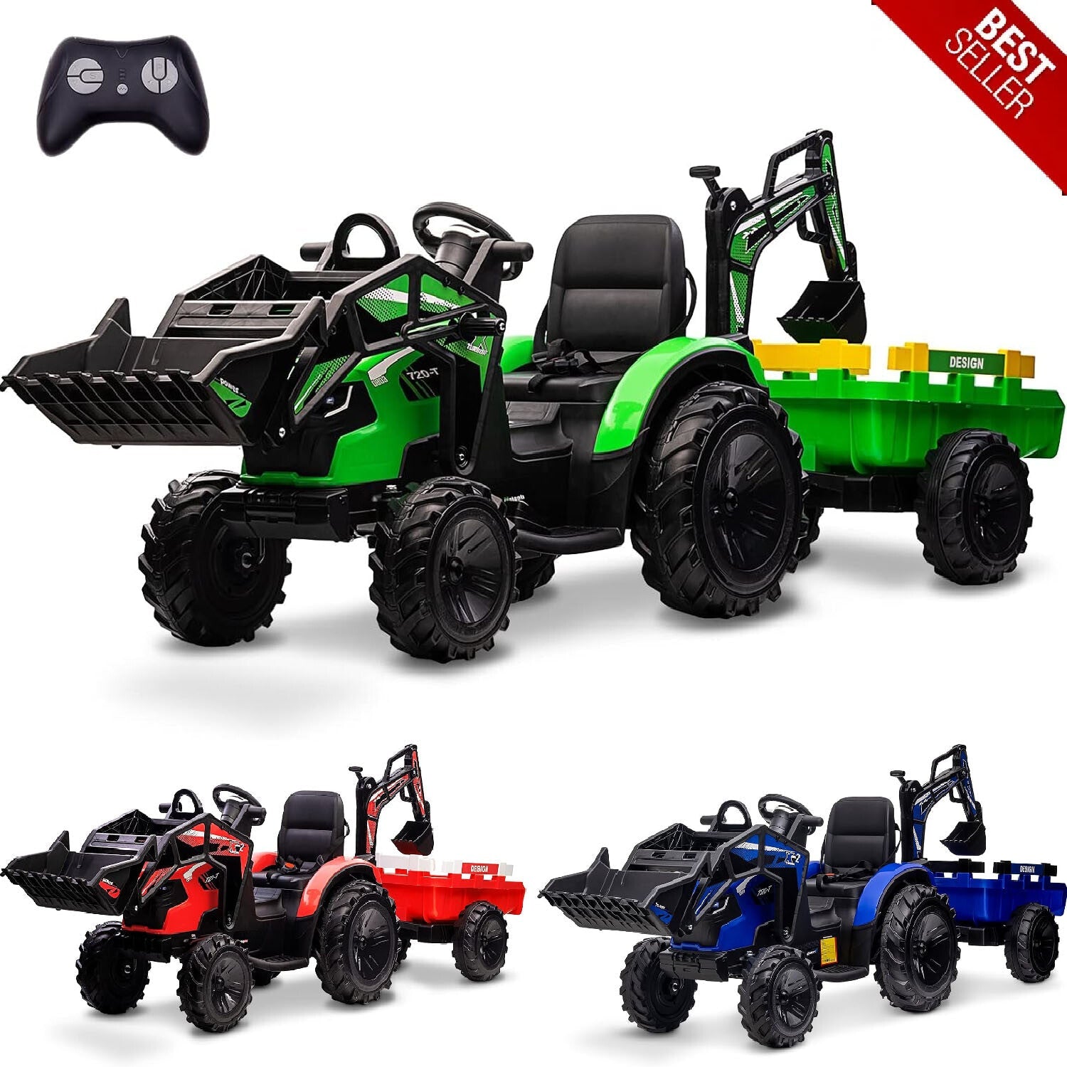 24V Electric Ride-On Tractor for Kids with Trailer, Excavator, and Bulldozer Attachments