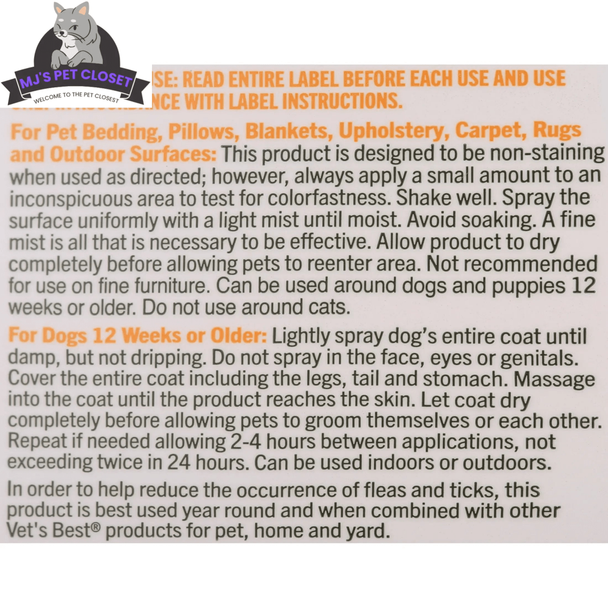 Vet's Best Flea and Tick Home Spray for Dogs - Refreshing Peppermint Scent - 32oz - The Snag Bin